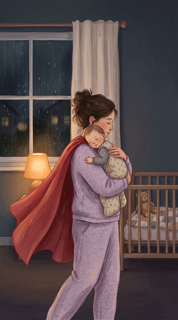 Illustration: a parent stands by a rain-streaked window at night, holding their baby upright against one shoulder with both hands supporting the head and back. A soft cape falls behind their shoulders, well away from the baby's face, and a crib waits nearby.