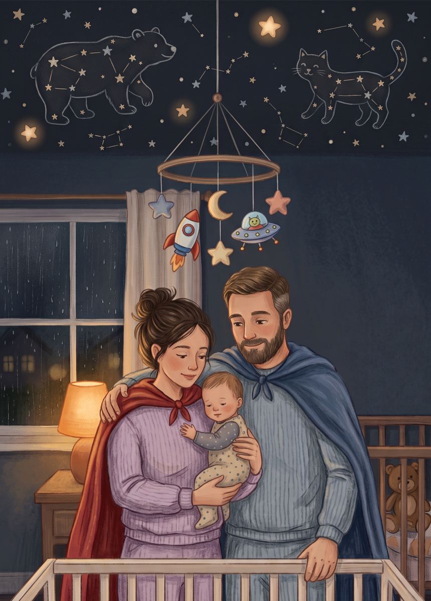 Illustration: two parents stand together beside a crib at night, one holding their baby securely with both hands supporting the head and back. Soft capes rest on their shoulders, well clear of the baby's face.