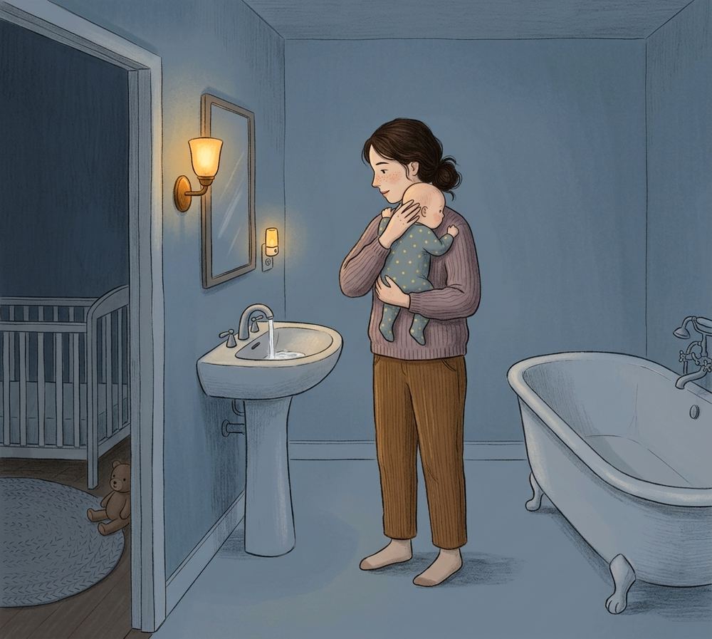 Illustration: a parent stands a few steps back from a bathroom washbasin at night, holding their baby upright against one shoulder with both hands supporting the head and back. Water runs steadily from the tap, a small night light glows by the mirror, and the bathtub across the room stands empty.