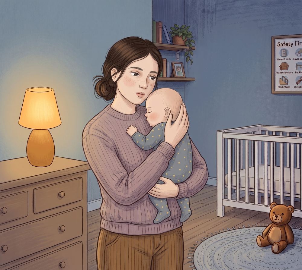 Illustration: a parent stands in a lamp-lit nursery holding their baby upright against their chest, one hand cupping the head and the other supporting the back. Their cheek rests lightly against the baby's head, and the baby is asleep in a soft polka-dot sleepsuit.