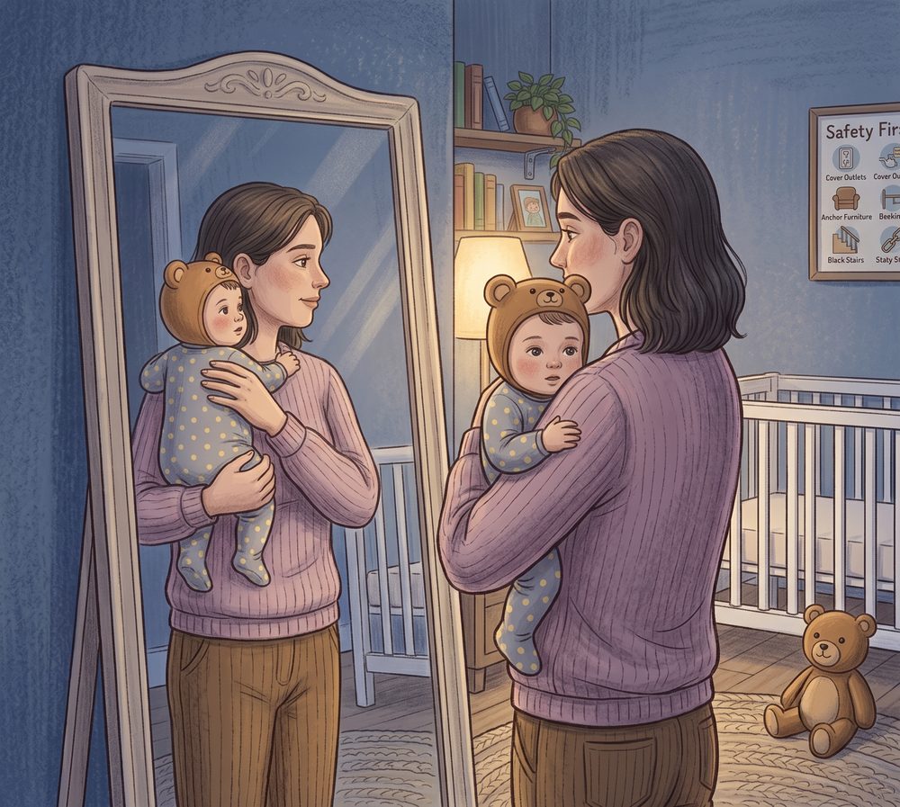 Illustration: a parent stands in front of a tall mirror in a softly lit nursery, holding their baby upright against one shoulder with a hand supporting the back. Both of them are looking at the reflection.