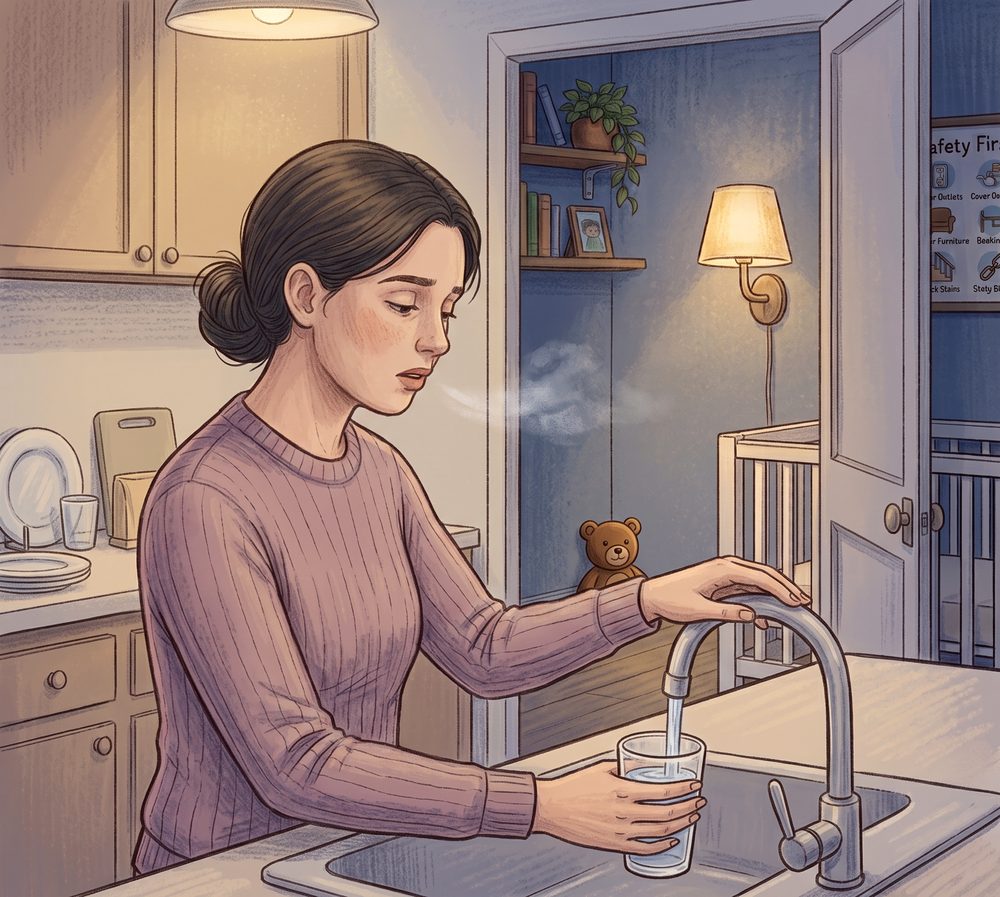 Illustration: a parent stands alone in a dim kitchen, filling a glass of water at the tap and breathing out slowly. Through the open door behind them, the nursery is quiet and a small lamp is still lit.