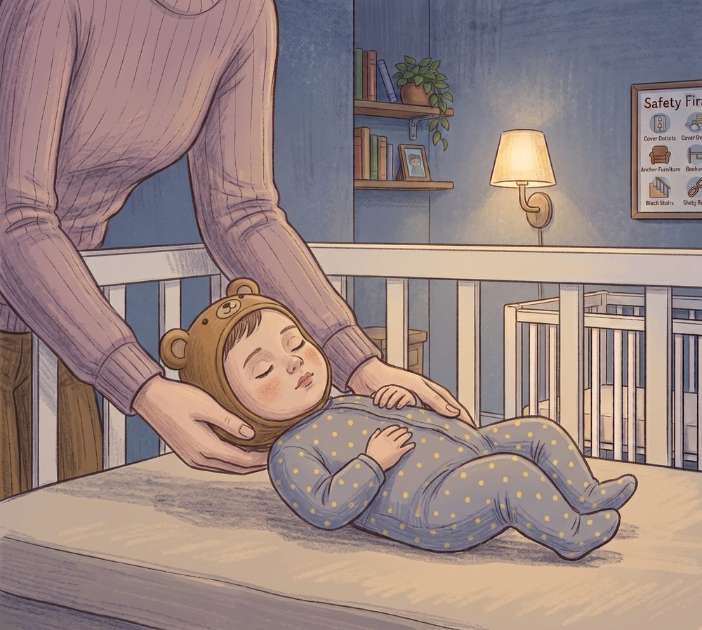 Illustration: two hands lower a sleeping baby onto a firm crib mattress, one palm cradling the head and the other supporting the back. The baby is lying on their back, and the mattress is bare apart from a fitted sheet.