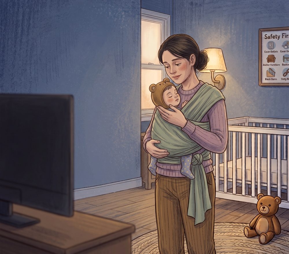 Illustration: a parent stands in a dim living room in the evening, their baby asleep upright against their chest in a soft wrap carrier, one hand cupping the baby's head. The television is off and a single lamp is lit.