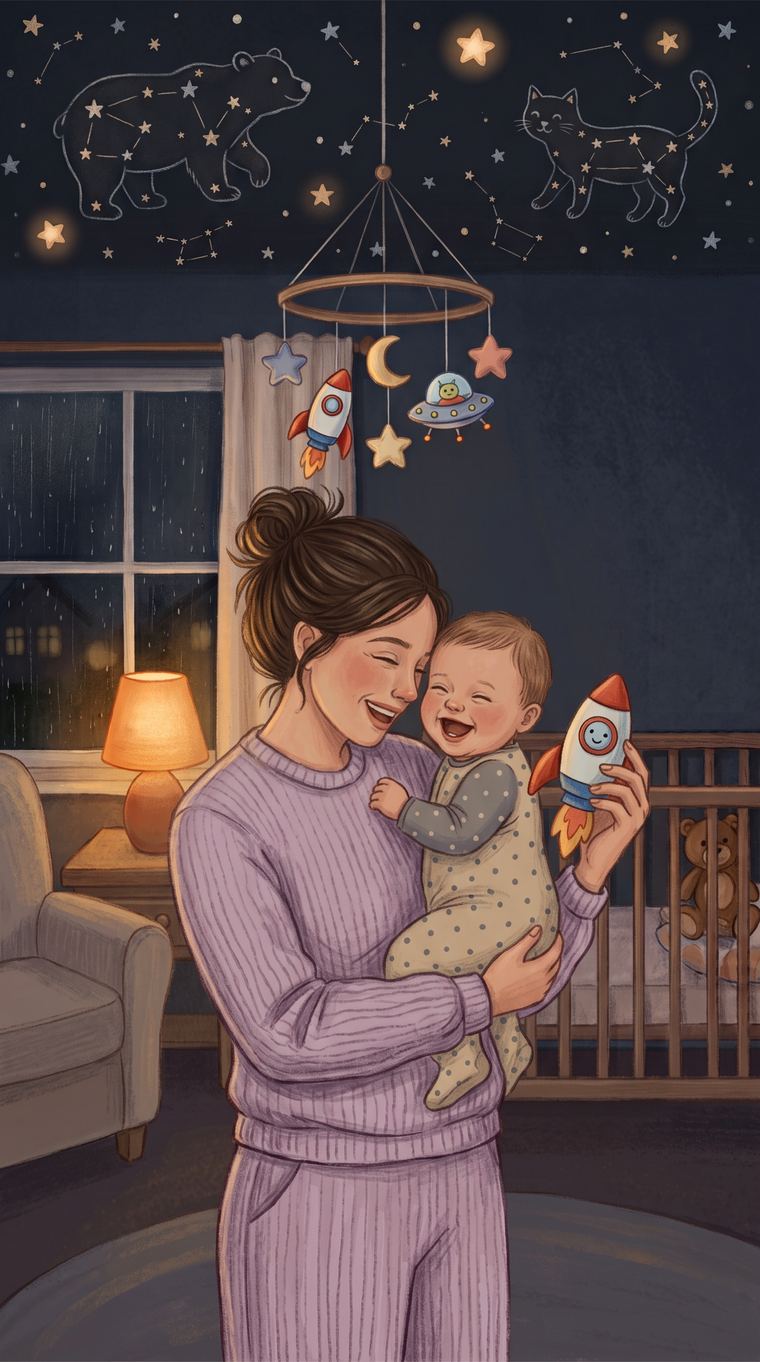 Illustration: a parent holds their baby upright and secure in both arms, both of them laughing, in a nursery lit by a warm lamp.