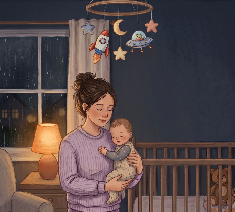 Illustration: a parent stands in a dimly lit nursery at night, holding a sleeping baby securely against their chest. Rain runs down the window behind them and a small lamp glows in the corner.