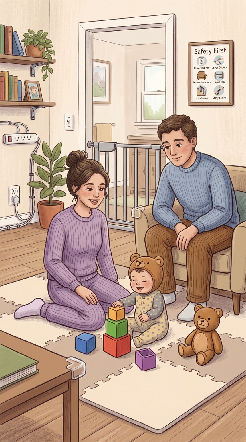 Illustration: two parents sit on the floor of a living room with their baby, who is stacking soft blocks on a padded play mat. Outlet covers, a stair gate, and anchored furniture are visible around them.