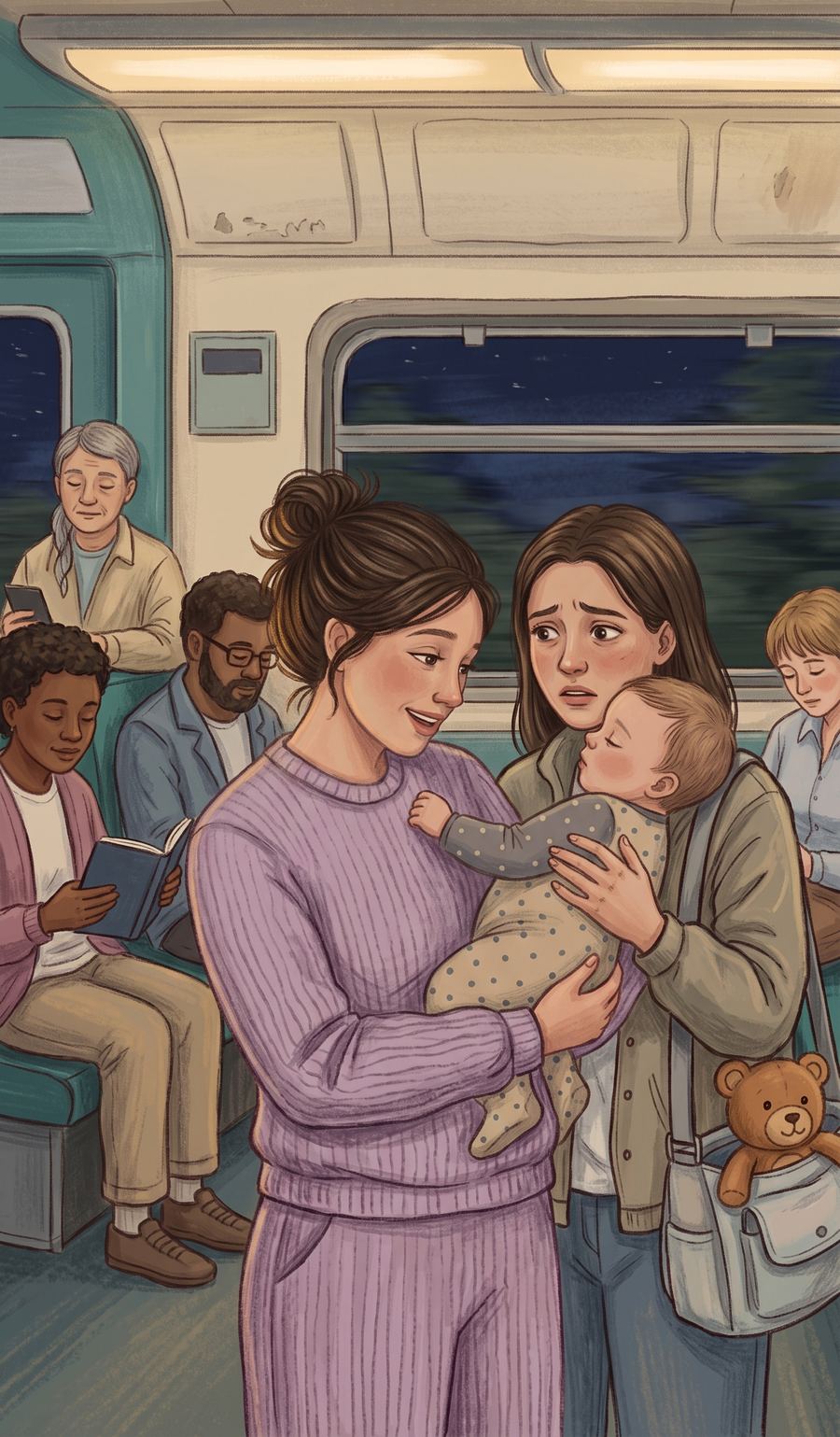 Illustration: on a night train, a woman in a lavender jumper turns to a young mother holding her crying baby. Other passengers read and doze around them, and the dark countryside slides past the window.